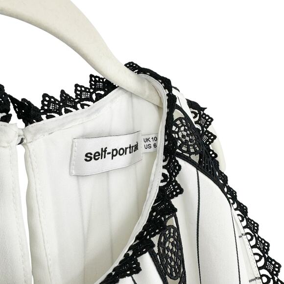 SELF-PORTRAIT Monochrome Striped Crepe Handkerchief Mini Dress White Lace US 6 - Picture 4 of 11